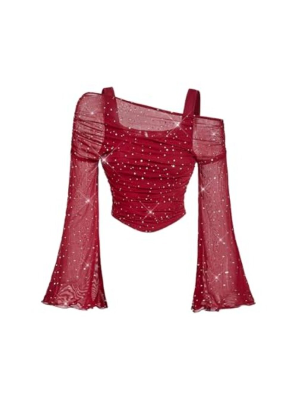 Y2K Off Shoulder Mesh Crop Tank Top Bell Sleeve 2-in-1